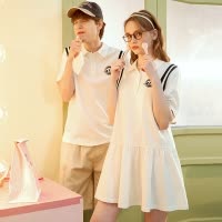 [2.5折价83元]唐狮夏季新款情侣装短袖polo衫男士有翻领t恤白色女连衣裙潮