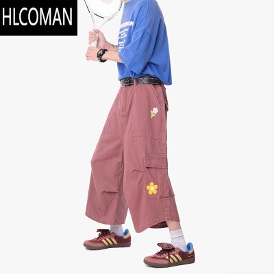 HLCOMAN酒红色工装七分短裤男款五一出游出片穿搭美式多口袋阔腿裤子夏季