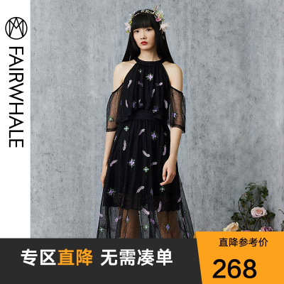 马克华菲女装挂脖式露肩网纱收腰时尚名媛连衣裙