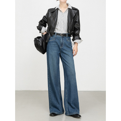 年秋季新款韩版牛仔阔腿裤高腰柔软弹力绣花拖地长裤