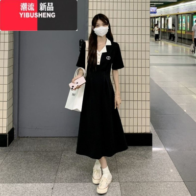 YIBUSHENG日系学院风收腰显瘦polo领短袖连衣裙子女季黑色长裙2024年新款