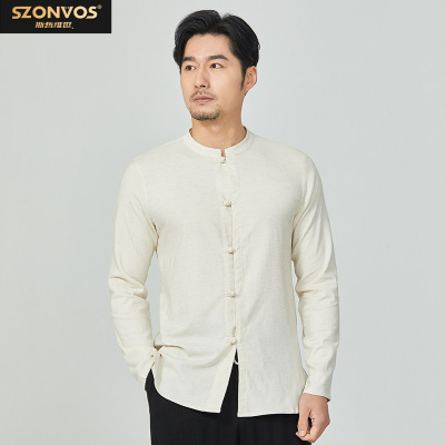 亚麻长袖t恤男立领复古中国风休闲宽松棉麻衬衫男装上衣品牌:斯哲维世
