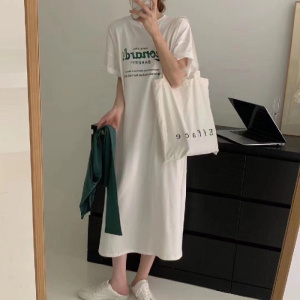 韩国大码T恤女装夏季宽松短袖T恤女中长款过膝连衣裙子休闲打底衫