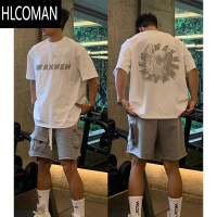 HLCOMAN美式高街后背个性印花短袖t恤男生夏季潮牌白色宽松上衣