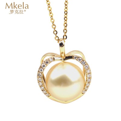 梦克拉 18K金钻石珍珠心形吊坠 强光 海水珍珠吊坠 镶钻心形吊坠 心上人