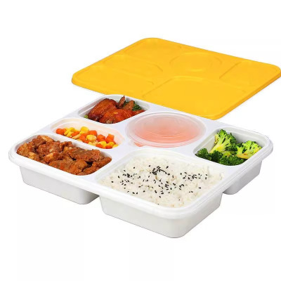 老房太太一次性PP六格餐盒 100套整箱1500ml冷藏加热 带安全扣餐盒 带独立汤碗 L275/箱