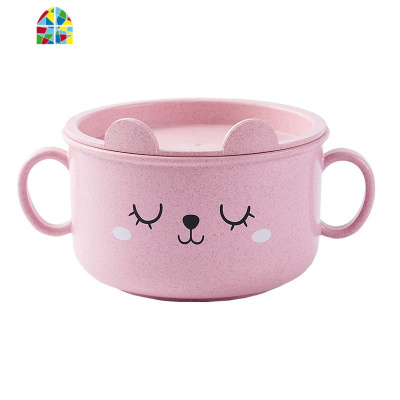 小麦秸秆带盖碗筷套装家用日式吃饭碗勺创意儿童餐具防摔塑料碗碟 FENGHOU [套装更划算]粉色碗+粉色杯