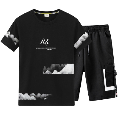 旗舰特卖-2021年新款夏季休闲运动套装男五分袖T恤套装薄款圆领套头短袖套装百搭男短袖五分裤套装男装娅洛尔