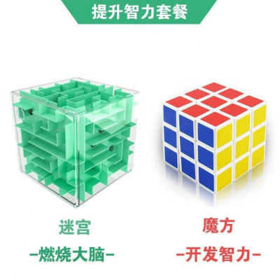燃烧大脑3D迷宫玩具走珠儿童开发专注力魔幻魔方立体减压玩具超大号迷宫/绿色+三阶速滑魔方