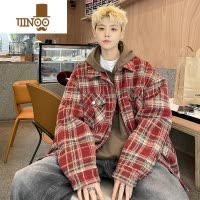 YANXU酒红色美式复古格子外套男港风宽松大码痞帅工装夹克棒球服男