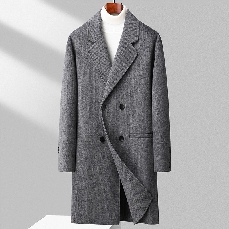 秋冬新款男士韩版修身双排扣纯手工双面呢大衣中长款大码男装潮流