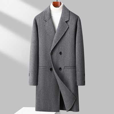 秋冬新款男士韩版修身双排扣纯手工双面呢大衣中长款大码男装潮流