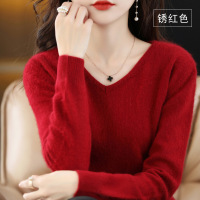 貂绒毛衣女V领套头宽松打底衫秋冬季纯色短款长袖针织大码