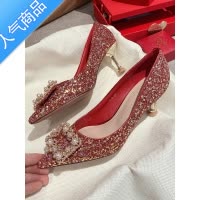 SUNTEK秀禾婚鞋女2023年新款主婚纱鞋敬酒中式新娘鞋红色亮片高跟鞋