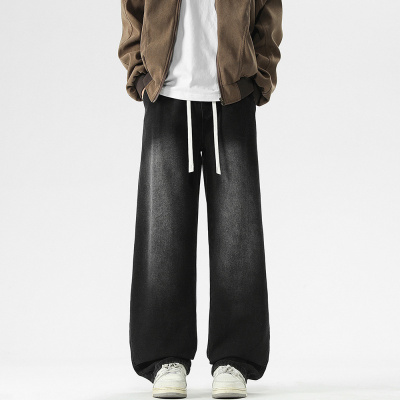 男装长裤宽松直筒港风牛仔裤男基础款百搭多色松紧水洗拖地裤青年