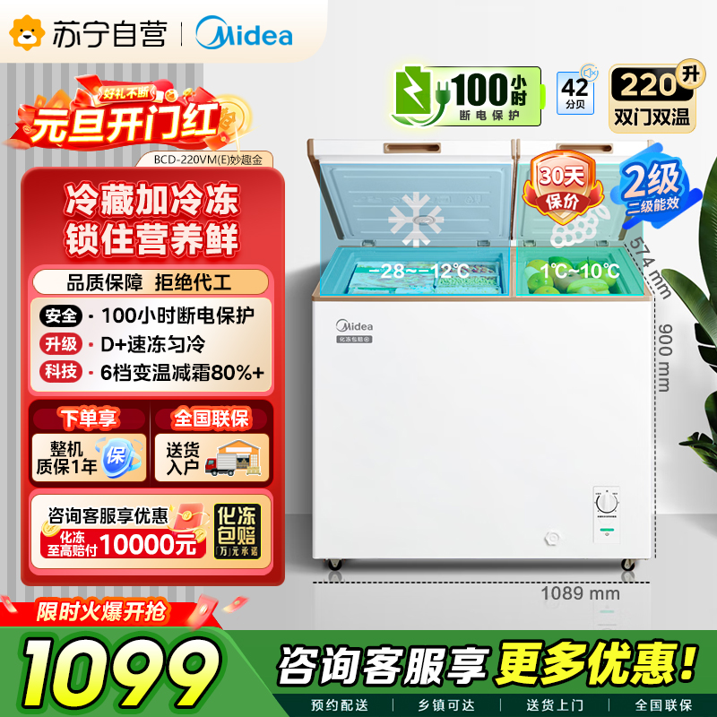 [自营]美的冰箱[大容积囤货]美的(Midea)220升冰柜 双温冷柜 冷藏冷冻 节能冰柜 BCD-220VM(E)