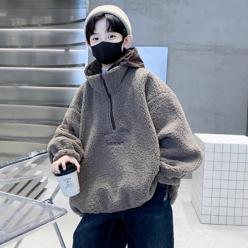 男童一体加绒厚卫衣秋冬款新款大儿童装冬季长袖上衣连帽冬装