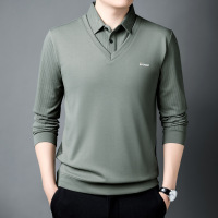 春秋季中年男士假两件翻领长袖T恤韩版宽松休闲Polo衫爸爸体恤衫