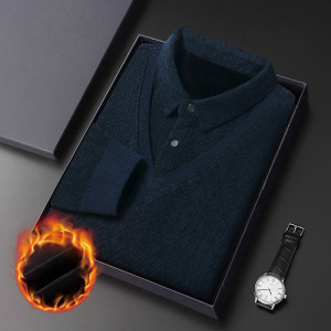 冬季新款加绒男士针织衫假两件中年爸爸装加厚保暖长袖打底衫