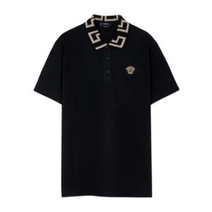 Versace/范思哲短袖Polo衫男款三扣门襟金银丝刺绣尖领透气