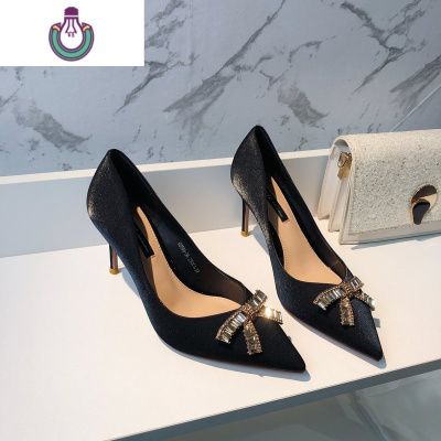 FISHBASKET2020新款伴娘新娘结婚鞋女尖头水钻蝴蝶结细跟单鞋红色绸缎高跟鞋休闲鞋