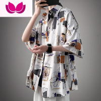 七斓vintage短袖衬衫男潮夏季冰丝ins港风痞帅半袖宽松沙滩花衬衣外套