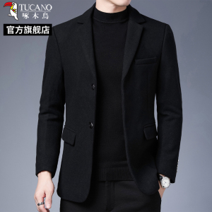 啄木鸟2025秋冬季小西装外套爸爸羊毛呢子加厚中年男士西服加厚C
