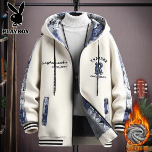 花花公子国风加绒外套男2024秋冬季加厚夹克青少年保暖奥粒绒棉衣