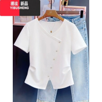 YIBUSHENG大码高端v领正肩短袖女t恤微胖今年流行漂亮小衫收腰遮肚子上衣