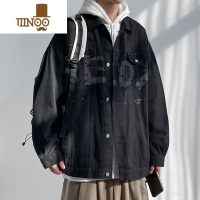 YANXU牛仔外套男士款复古做旧宽松上衣服男款潮牌黑色美式印花夹克