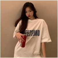 白色T恤女春夏年新款韩版港味复古印花学生中长款上衣打底衫