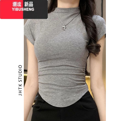 YIBUSHENG美式辣妹半高领短袖T恤女季设计感褶皱紧身收腰显瘦短款上衣ins