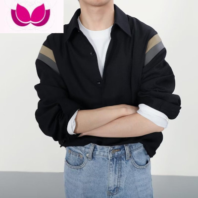 七斓设计感肩部拼色黑色衬衫男长袖秋季潮牌宽松百搭休闲痞帅垂感衬衣