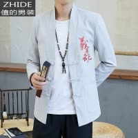 SUNTEK春秋休闲外套中国风男装佛系复古唐装中式褂子刺绣夹克青年上衣潮夹克