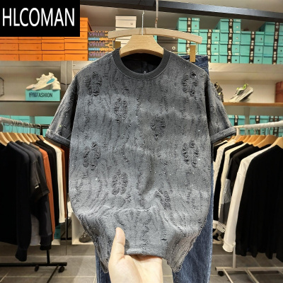 HLCOMAN设计感满天星烫钻t恤男款2025夏季新款美式潮流百搭破洞渐变短袖