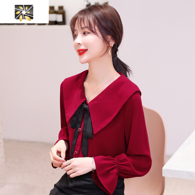 暖青汇娃娃领上衣女长袖本命年红色雪纺衬衫时尚洋气气质秋装2020年新款蕾丝衫