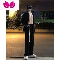 七斓美式hiphop抽绳卫裤垂感黑色加长裤子男高个子直筒阔腿裤宽松日系
