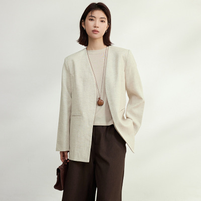 老钱风 天丝苎麻无扣西装外套女25春季新款极简一手长V领休闲西服