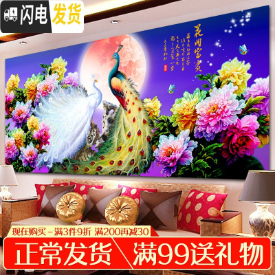 三维工匠钻石画新款大幅客厅满钻花好月圆孔雀贴砖2019大气自 炫彩魔方+异形[250*100厘米]多送钻量30满十字绣