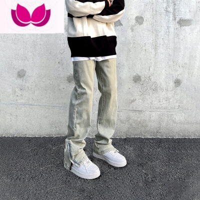 七斓美式高街vibe复古水洗做旧黄泥染拉链开叉牛仔裤男直筒微喇长裤子