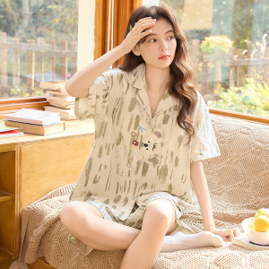 翻领开衫纯棉睡衣女款夏季卡通短袖短裤家居服套装甜美可爱可外穿