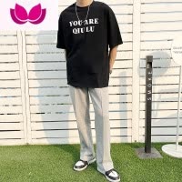 七斓2023韩风灰色休闲卫裤男宽松直筒垂感阔腿裤子男潮流百搭
