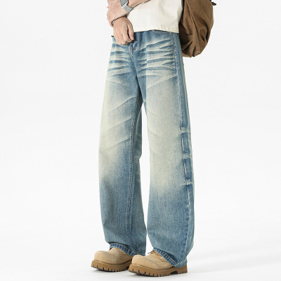 渐变做旧Baggy牛仔裤男高街潮牌宽松阔腿复古水洗直筒长裤