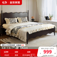 全友家居法式复古橡木实木床1.8x2米主卧室双人床小户型高脚床