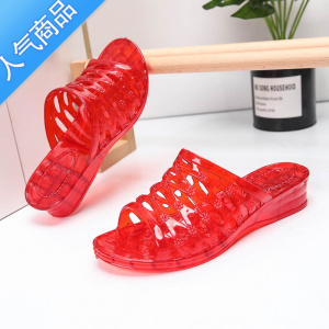 SUNTEK拖鞋女夏水晶外穿网红鞋子凉新款家用夏季防滑高跟2022粗跟红色