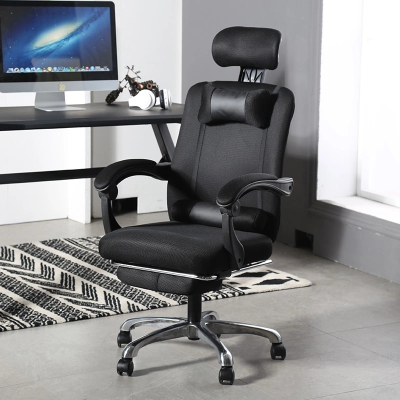 全简电脑椅午休办公椅家用转椅休闲网布椅黑色带搁脚