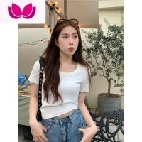 七斓T恤女夏季新款韩系文艺辣妹独特冷淡系修身弹力白色短款短袖上衣
