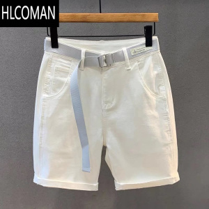 HLCOMAN美式休闲白色牛仔短裤男潮牌宽松直筒五分裤男士夏季薄款5分中裤