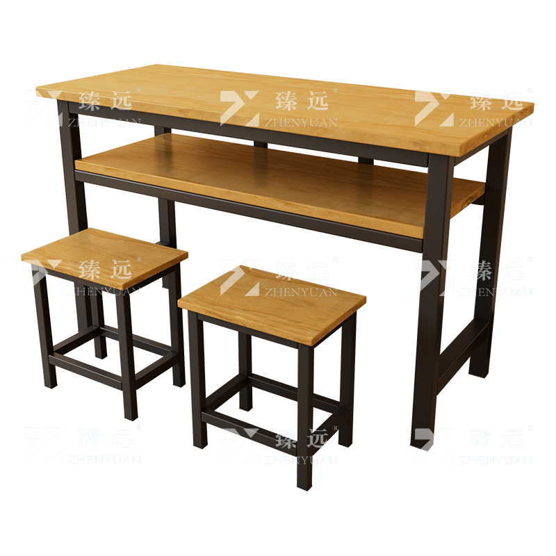 臻远ZY4082142 学生课桌椅双层带抽屉培训班学习桌学校辅导班教室双人桌 胡桃色含凳子+黑架1200*600*800