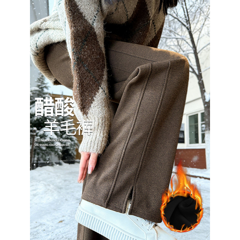 人字纹毛呢加绒裤子女新款秋冬季羊毛裤小个子直筒窄版阔腿裤_188